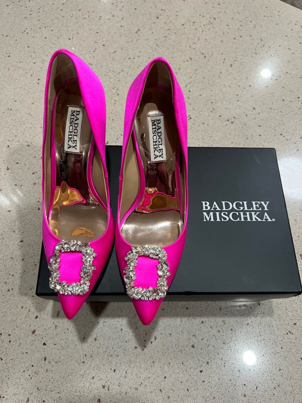 Badgley Mischka Hot Pink Satin Crystal-Buckle Pointed Pumps - Picture 4 of 8